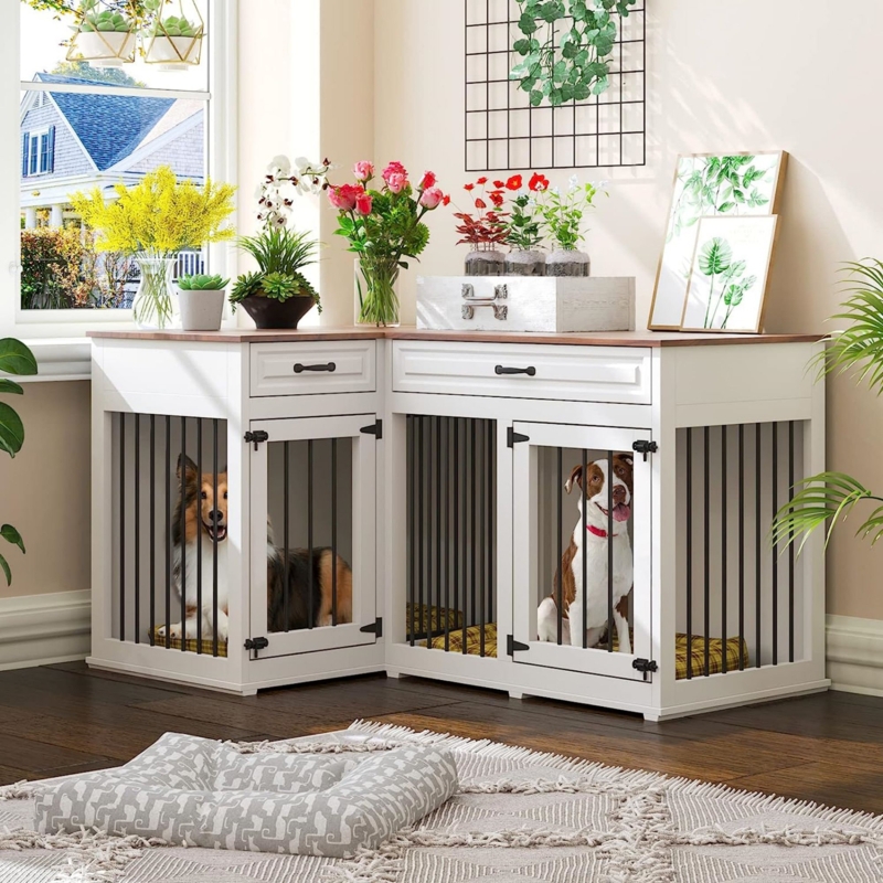 large-corner-dog-crate-furniture-for-2-dogs-with-2-drawers large-corner-dog-crate-furniture-for-2-dogs-with-2-drawers