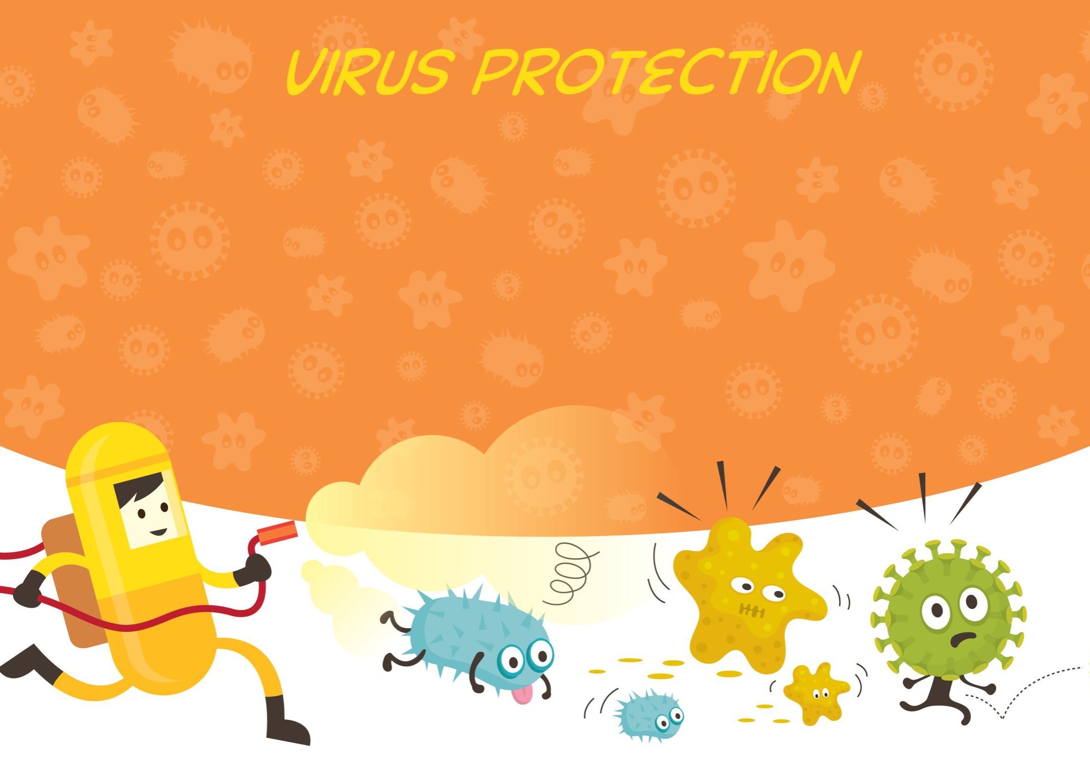 Man in Protective Suit Run Spraying Germ Characters Bacteria, Virus, Microbe, Pathogen